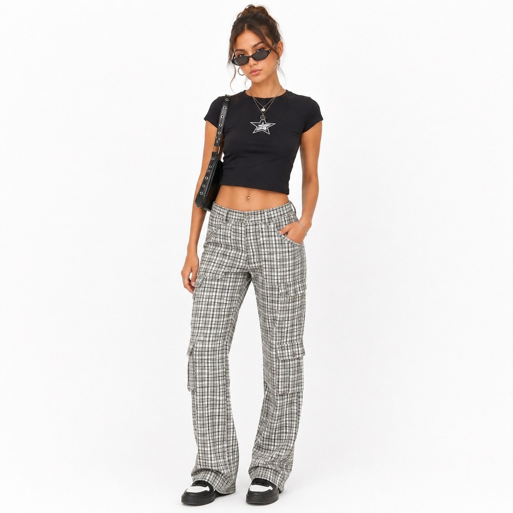 American Threads Plaid Cargo Wide Leg Pants Tan Utility Streetwear Size Medium